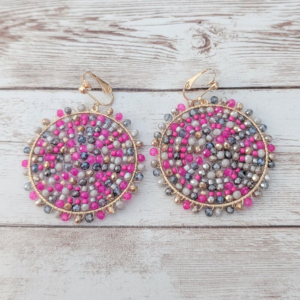 Vintage Clip On Earrings Pink & Purple Tones Extra Large Dangle Really Pretty
